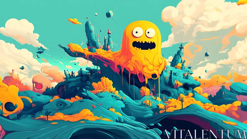 Cheerful slime monster melts across a surreal alien valley