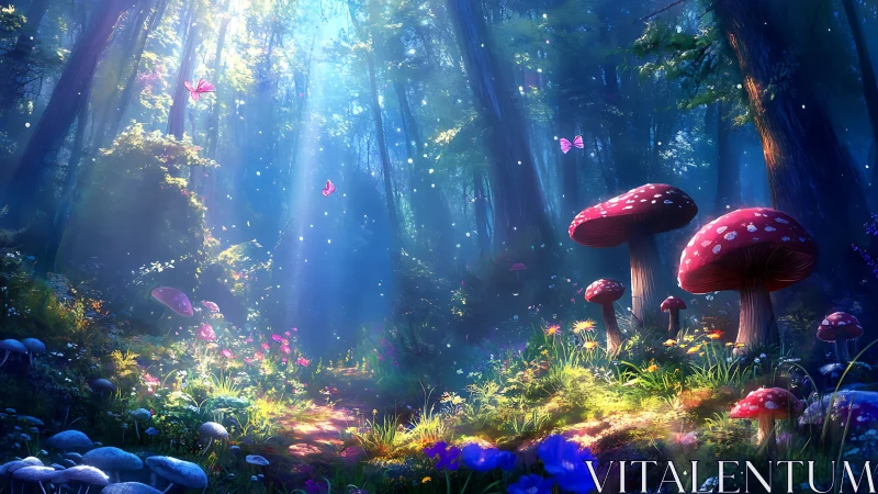 Enchanted Forest Realm Where Crimson Toadstools Bloom.