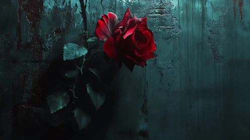 Photorealistic crimson rose on distressed teal metal wall.