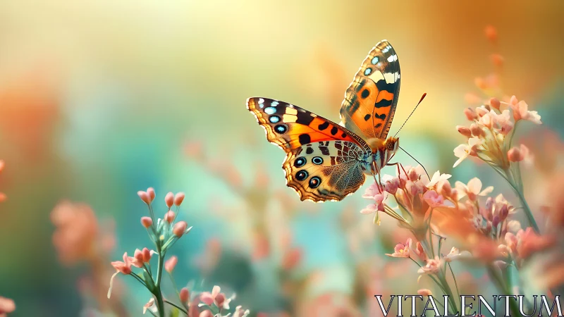 Macro study of multicolored butterfly on pastel blossoms.