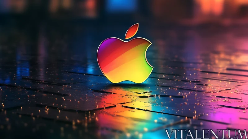 Rainbow apple-shaped logo rests on reflective circuit board