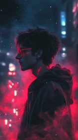 Side profile digital portrait in neon red and blue light.