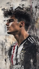 Young footballer portrait in gritty abstract brush textures.