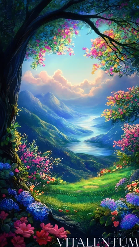 Luminous valley landscape framed by florid tree canopy and river