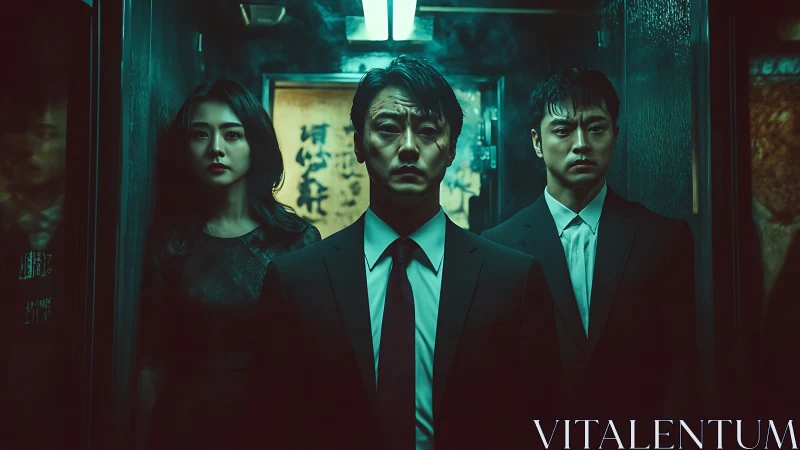 Shadowed trio in suits share a tense, cinematic corridor moment