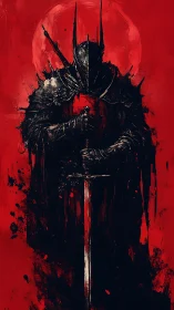 Blood-red eclipse behind dark knight with towering blade.