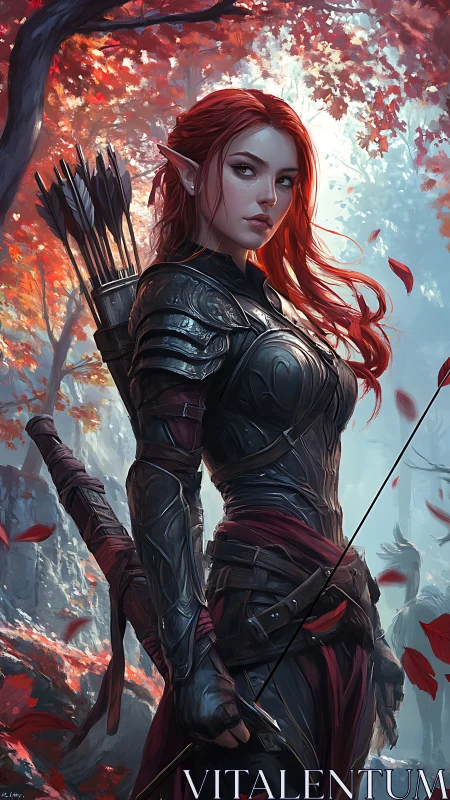 Red haired elf archer stands in autumn forest in armor