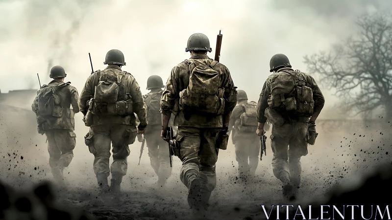 Infantry soldiers advance through dense battlefield smoke.