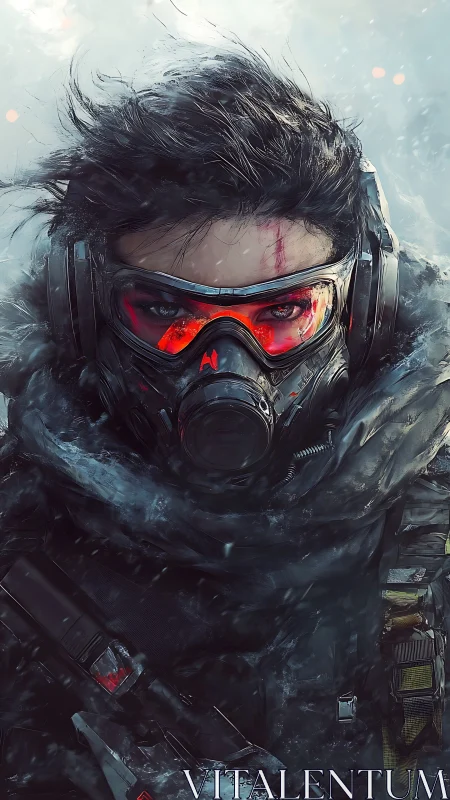 Postapocalyptic sniper with gas mask in frozen blizzard