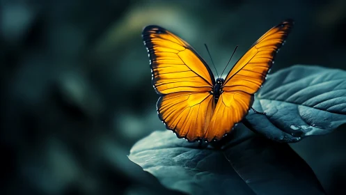 Orange butterfly on leaf with soft-focus dark foliage backdrop.
