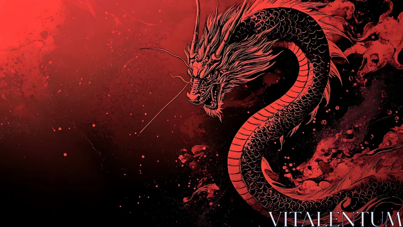 Coiled red dragon arcs through high-contrast splatter field