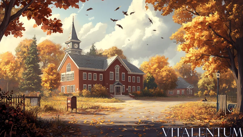 Old red schoolhouse anchors tranquil golden autumn landscape.