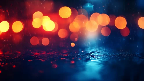 Neon bokeh rain over wet city street at night.