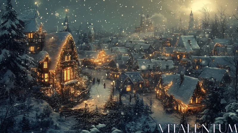 Snow-draped village aglow under lantern-lit winter hush.