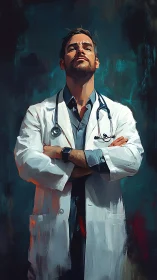 Male doctor stands with crossed arms in painterly portrait