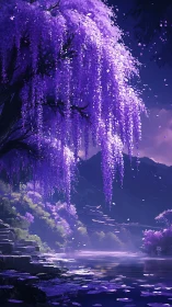 Luminous violet wisteria canopy over misted river valley.