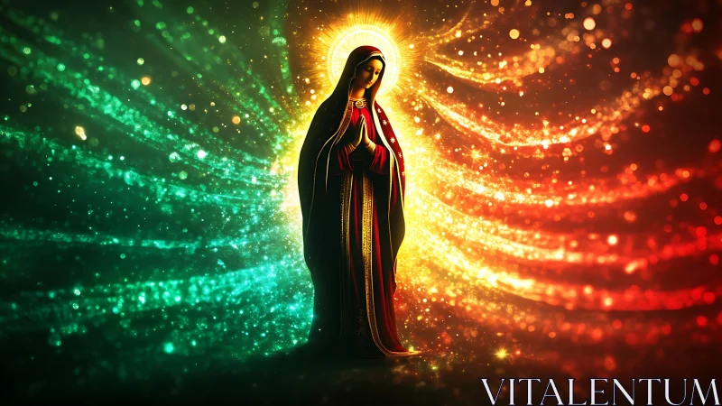 Radiant saintly figure with halo amid green and red light.