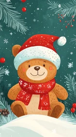 Winter holiday teddy bear illustration with Santa hat and scarf