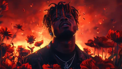 Digital portrait of man in blazing red flower field.