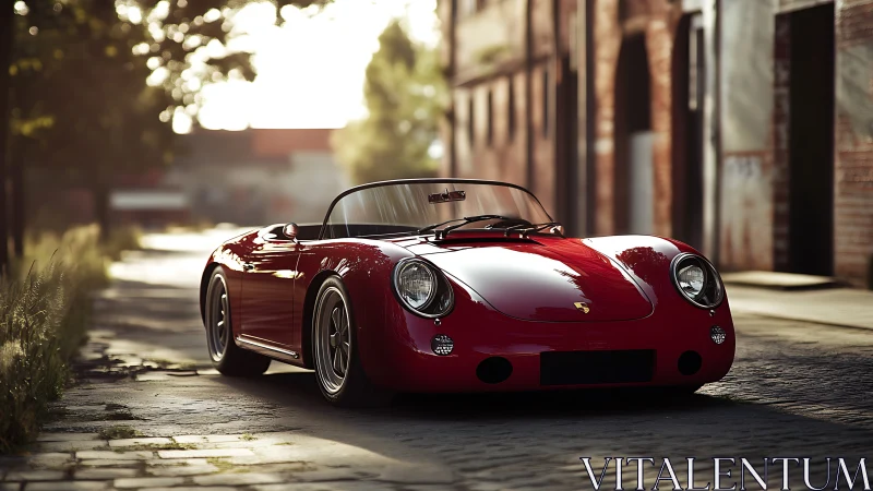 Red classic roadster parked on quiet cobblestone street.