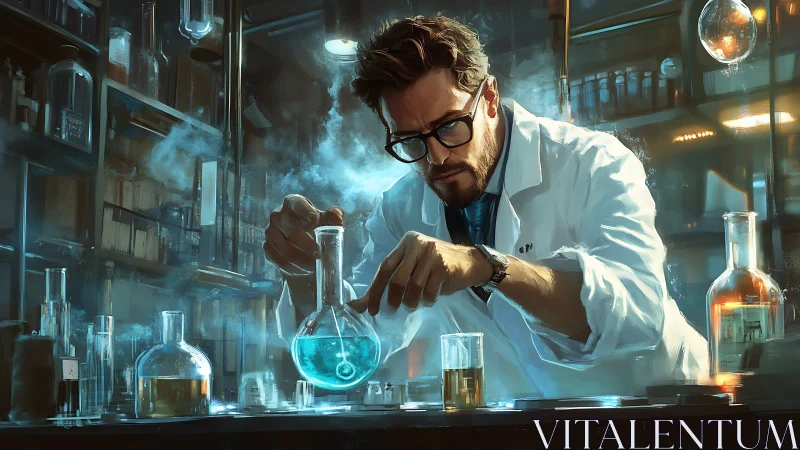 Laboratory chemist adjusting luminescent blue reagent equilibrium.