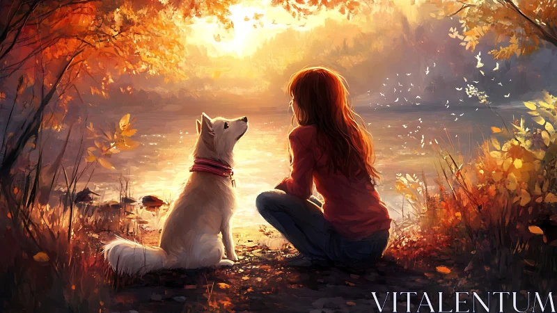 Autumn backlit portrait of girl and dog in lakeside glow