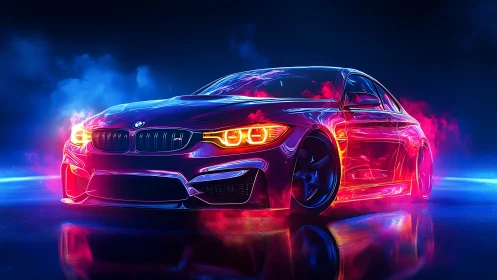 Neon lit sports car rendered in vivid reflective colors
