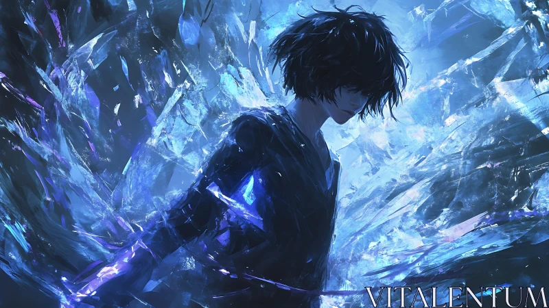 Solitary anime figure shatters through crystalline blue void.