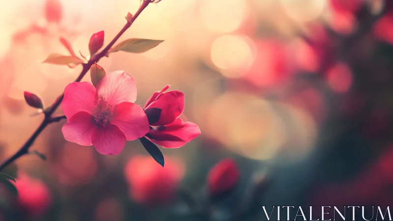 Pink blossom glows against dreamy golden bokeh background.