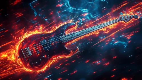 Electric bass guitar engulfed in stylized blue and red flames.