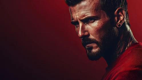 Intense male portrait rendered in dramatic red chiaroscuro