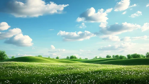 Sunlit wildflower meadow under rolling green hills and clouds.