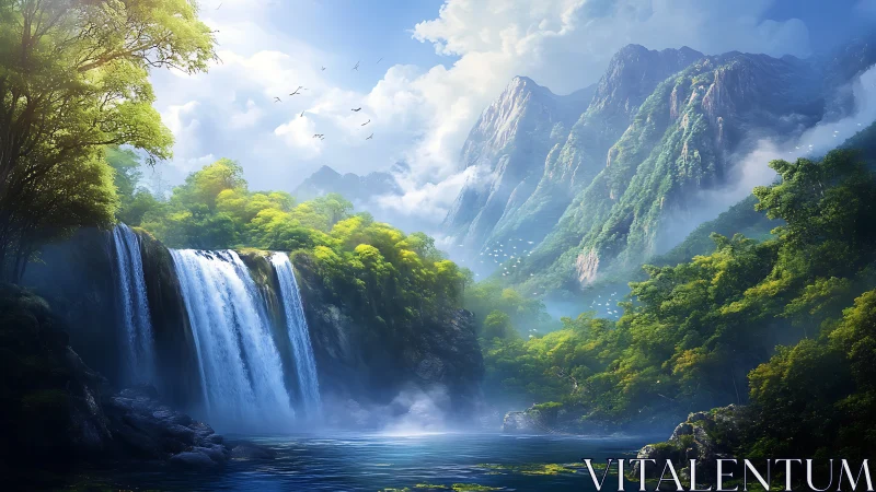 Luminous mountain waterfall in misty verdant valley panorama.