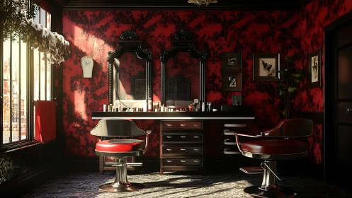Barbershop interior in dramatic red and black lighting.