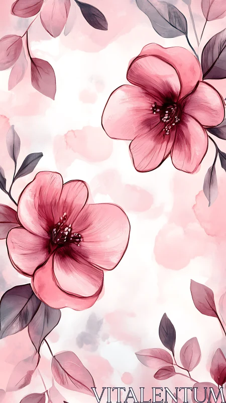 Pink botanical flowers rendered with layered petal structures and foliage