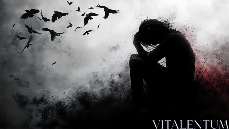Silhouetted sorrow beneath circling crows in stormy dusk.