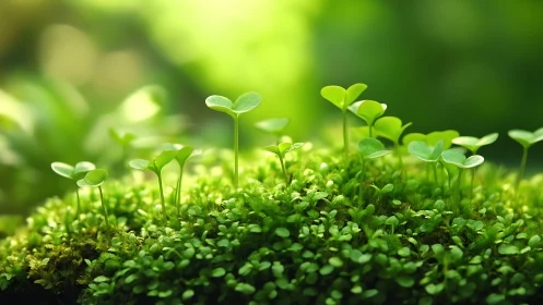Tiny forest uprising of hopeful sprouts and mosslight glow.