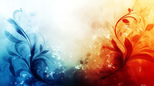 Abstract blue and orange floral curves on light gradient field.