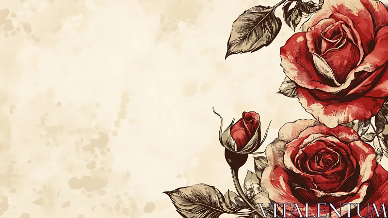 Vintage red roses cluster adorns textured beige background