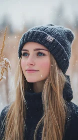 Winter portrait with blue-eyed subject in knitted beanie.