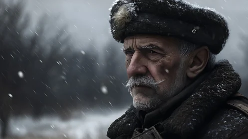 Elderly man in fur military coat under wind‑driven snowfall