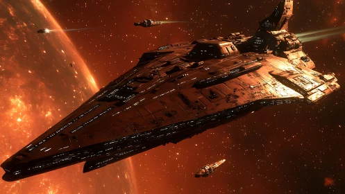 Massive triangular starship cruising in glowing red space.