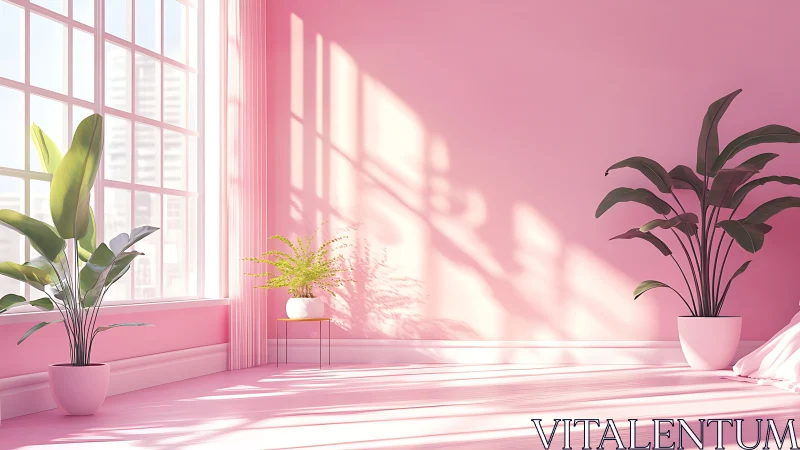 Sunlit pastel interior with potted foliage and planar shadows.