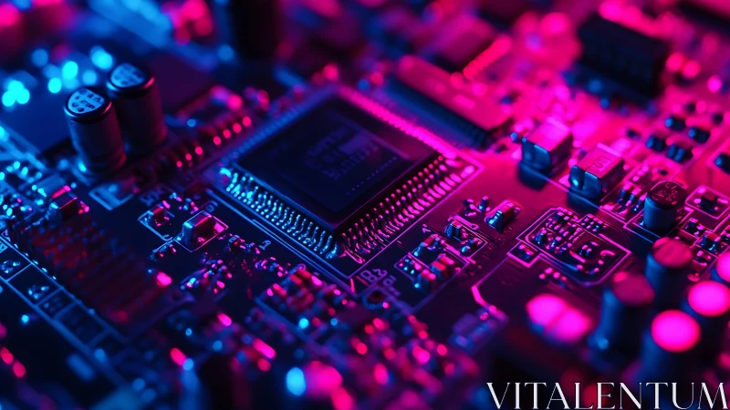 Neon-lit microchip dominates close-up view of circuit board