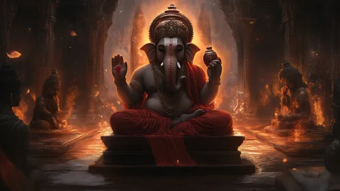 Majestic Ganesha idol amid glowing embers in temple hall.