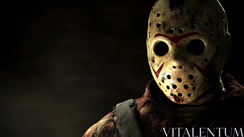 Masked figure with perforated helmet stands in dim lighting