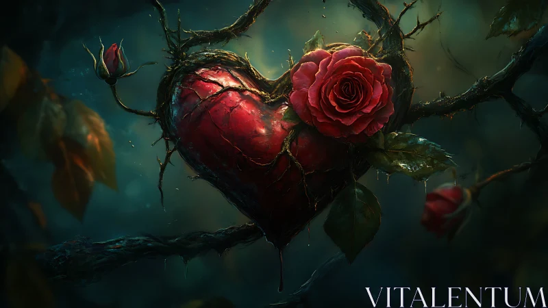 Heart-shaped form with thorned vines and red rose blooms