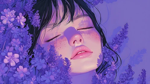 Female face in purple floral field, eyes closed, stylized.