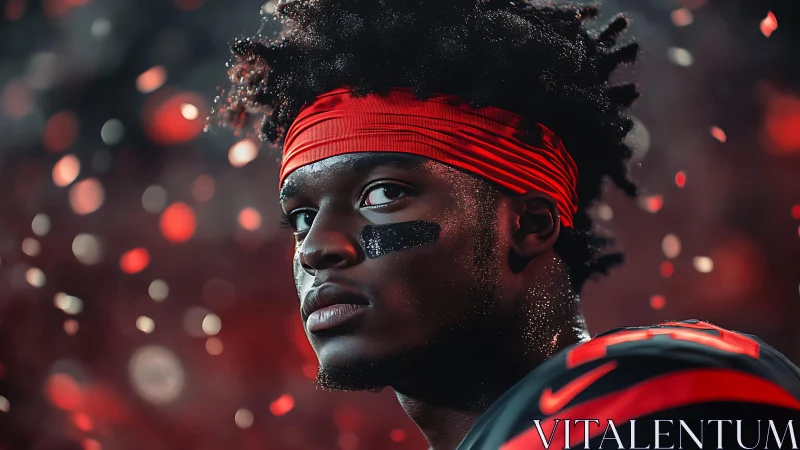 Game-ready football player stands focused under glowing lights