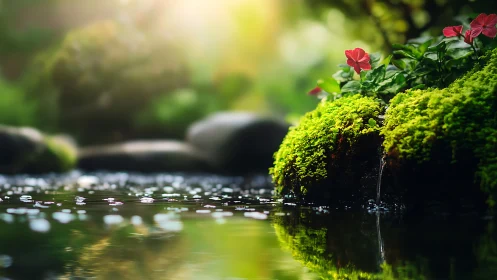 Sunlit mossy pond with quiet blooms and sparkling ripples.